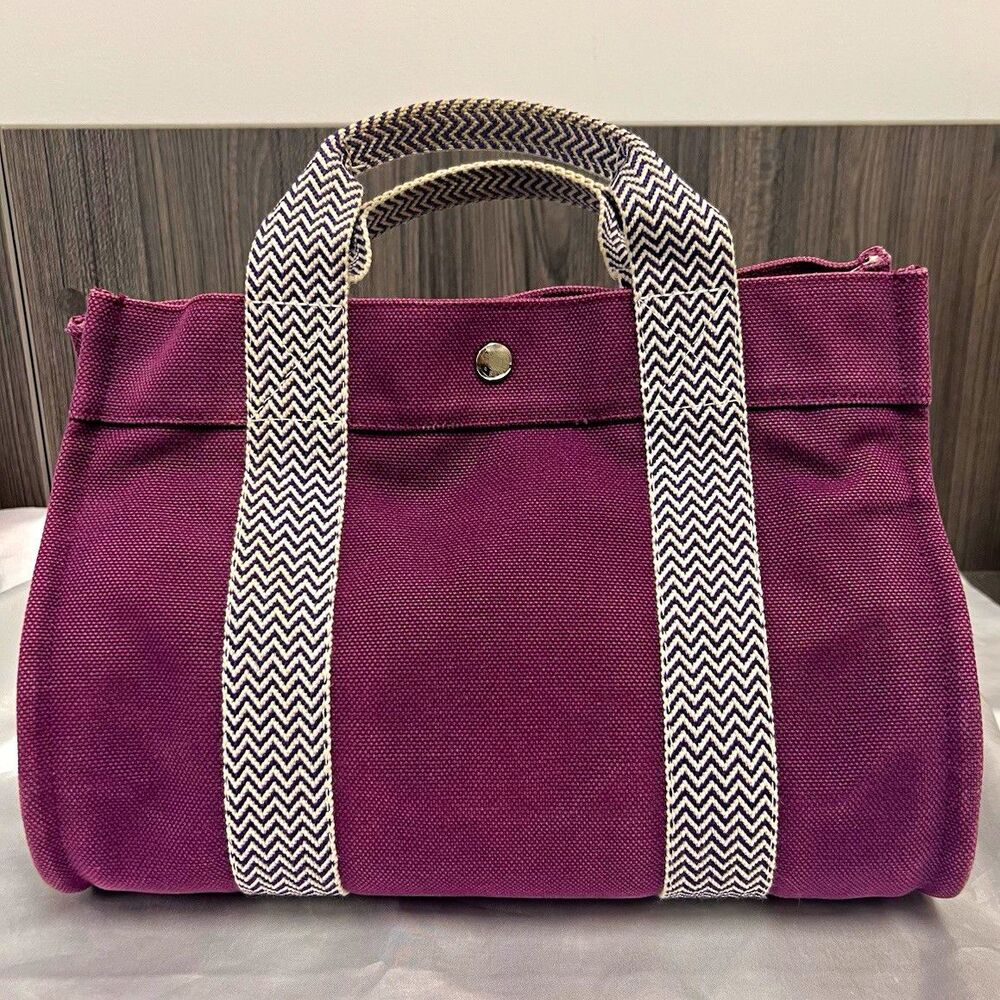 Authentic Hermès Cannes PM Plum Canvas Tote Bag + Pouch LegitApp COA